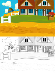 cartoon ranch farm scene with sketch illustration