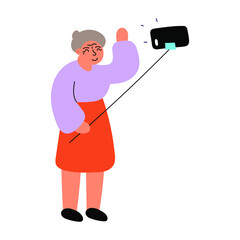 Grandmother making selfie. Hand drawn illustration on white background. 