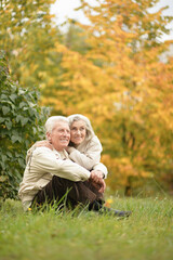 Beautiful senior couple hugging in the park