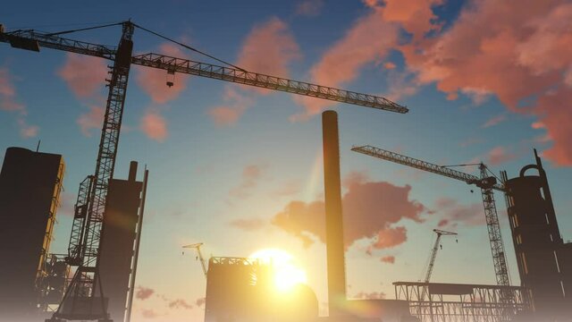 Oil refinery construction. Tower cranes stand against the backdrop of structures. 
Clouds move against a background of a static construction site.  3d render