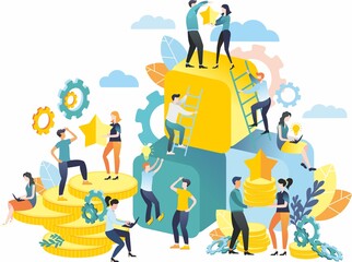 Obraz premium Bitmap illustration in a flat style. Teamwork. Conquering the peaks. Financial pyramid. Rivalry. Mountains of coins. Business idea.