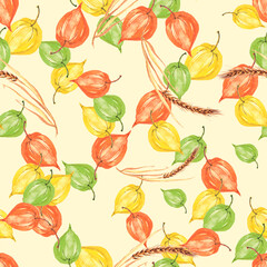 watercolor physalis seamless pattern. autumn berry illustration. botanical background. Seamless pattern with hand drawn watercolor physalis,Spikelet, wheat, cereal. Autumn background.