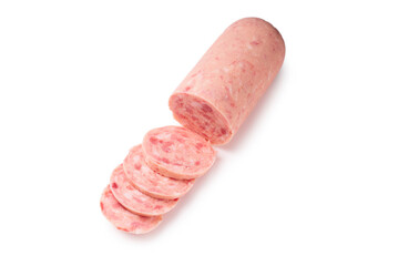 Boiled sausage isolated on white background. Slices.