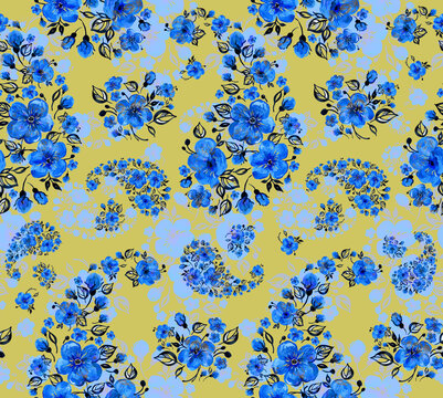 Seamless pattern blue motifs of flowers