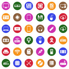 Computer Hardware Icons. White Flat Design In Circle. Vector Illustration.