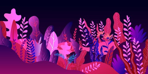 Fantastic colorful leaves on black background, summer nature pattern, tropical design, cartoon style vector illustration. Bright fashion colorful textile wallpaper, exotic style palm tree. © partyvector