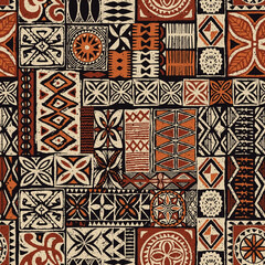 Hawaiian style tapa tribal fabric abstract patchwork vintage vector seamless pattern - obrazy, fototapety, plakaty