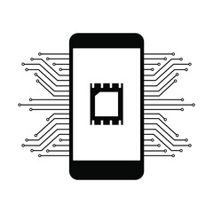 Mobile telecommunications technology symbol eSIM concept. Mobile phone with circuit board pattern on white background. 