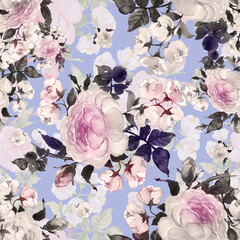 Seamless pattern watercolor bouquet of jasmine and roses