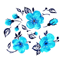  watercolor blue flowers with leaves and buds