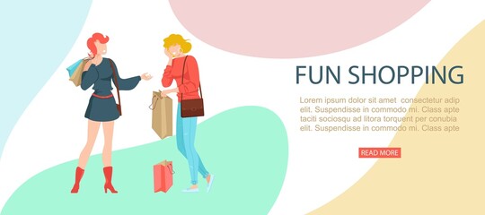 fun shopping, banner inscription, customer website, online business, background information, design cartoon vector illustration. Sales concept, people together in store, woman friends, selling goods.