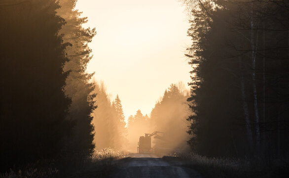 Distant truck loading tree logs on the early morning golden mist clad forest road in Estonia