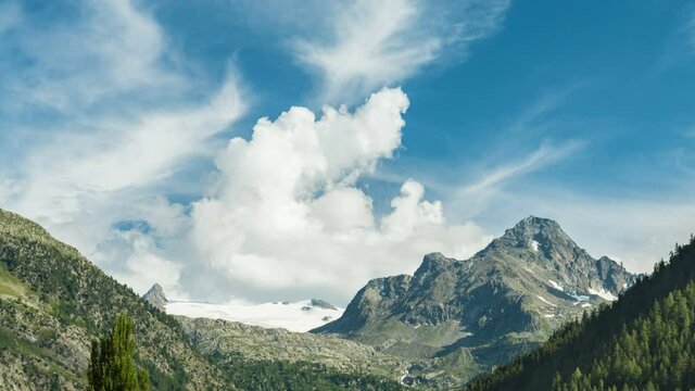 Panoraimic view of a glacier in Italian alps (called Rutor glacier, in Aosta Valley, Italy). Dramatic clouds moving in the blue sky. Time lapse