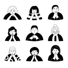 Online church. People praying, avatar vector set.