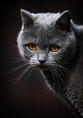gray cat looks on a dark background