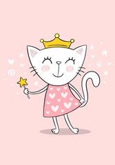Pretty little kitty girl with magic wand. Little princess vector flat illustration. Happy birthday, kids fashion, cartoon hand drawn hero