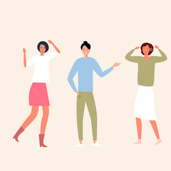 Obraz premium Cartoon girlfriends dancing in the club in a modern style. Young girls chatting in a nightclub. Flat vector illustration. youth lifestyle. Leisure with friends. Contemporary fashion and style.