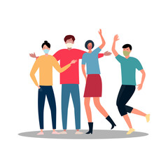 Obraz premium Happy friends in medical masks met during quarantine, great design for any purpose. Coronavirus prevention. Cartoon vector illustration. Communication concept during the virus. business meeting 