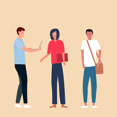 
College student communication, hipster friendship. Modern education. Cartoon flat vector illustration. Collaboration of young fashionable men. Youth lifestyle. Business meeting. technology 