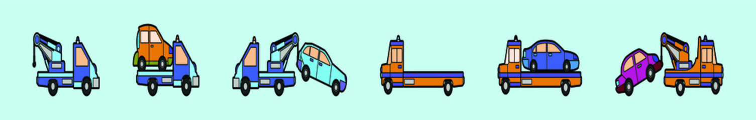 set of towing car cartoon icon design template with various models. vector illustration
