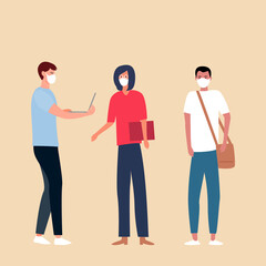 Fototapeta premium students in masks chatting in class, fashionable hipsters men. education under quarantine conditions. Cartoon flat vector illustration. young guys are businessmen.