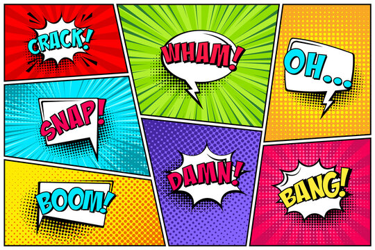 Cartoon comic backgrounds set. Speech bubble. Comics book colorful poster with halftone elements and text. Vector illustration.