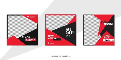 Set of Editable square banner template. Black and red background color with stripe line shape. Suitable for social media post, instagram and web internet ads. Vector illustration with photo college