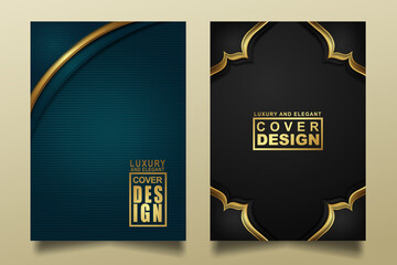 Set cover design template with Luxury and elegant flow lines overlap layers ornament and realistic texture on dark background