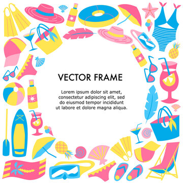 Vector round illustration frame with place for text. Clipart elements for holidays at the beach, pool, ocean or sea. Template design for banners, social media, sale, travel, vacation announcement.