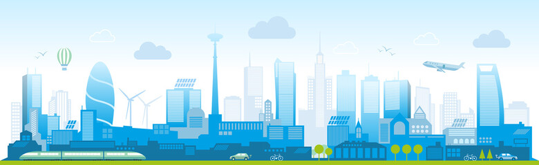 Smart city, landscape city centre with many building, airplane is flying in the sky © leestat