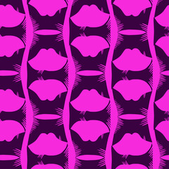 Vector seamless abstract pattern of lined ornamental lips shapes in neon purple