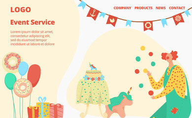 Happy Birthday people number letter, Event service lettering on site, holiday invitation, design cartoon style vector illustration. Surprise for children, onlain service for organizing gifts and fun.