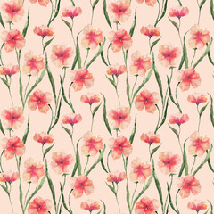 Fototapeta na wymiar Seamless pattern with watercolor flowers. Orange flowers on a colored background. Watercolor pattern for decorating weddings, invitations, postcards, fabrics, and holidays.