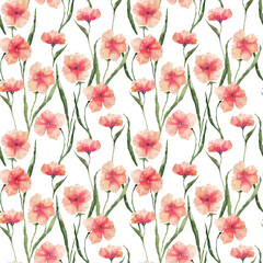 Seamless pattern with watercolor flowers. Orange flowers on a white background. Watercolor pattern for decorating weddings, invitations, postcards, fabrics, and holidays.
