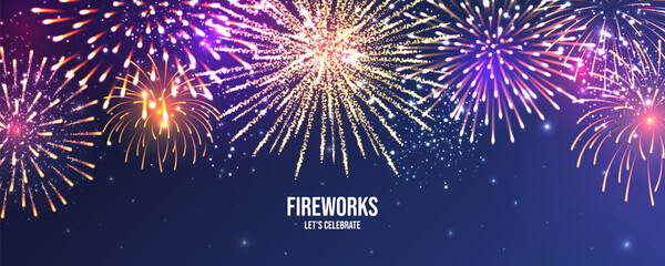 Festive fireworks. Realistic colorful firework. Christmas or New Year greeting card. Diwali festival of lights. Vector illustration.