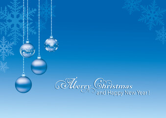 Merry Christmas and Happy New Year 2021 greeting card with balls and snowflakes with on a blue background with place for text. Vector illustration