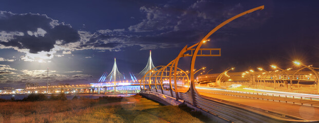 Panorama of the Expressway and cable-stayed bridge in Saint Petersburg
