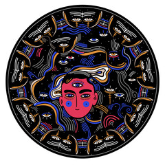 Modern psychedelic round composition of beautiful mystery person with third eye in another realm.