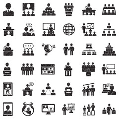 Conference, Business And Management Icons. Black Scribble Design. Vector Illustration.