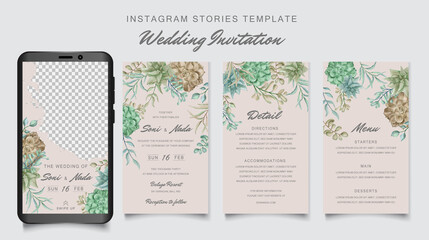 Fototapeta na wymiar Instagram stories template wedding invitation with colorful succulent frame