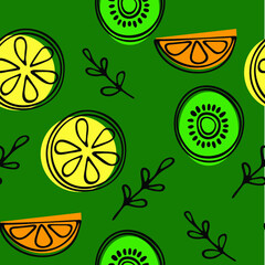 Beautiful pattern with fruits and branches. Seamless bright pattern on a green background. Vector illustration.
