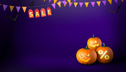 Halloween sale. Pumpkins with funny and scary faces and percentages on a purple background. Festive flags with labels. Copy space for text. 3d render