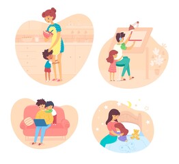 Parents and kids hugging scene set