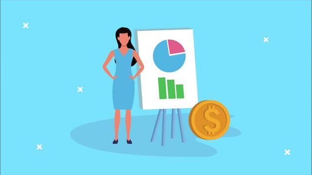 financial animation with businesswoman and statistics in paperboard