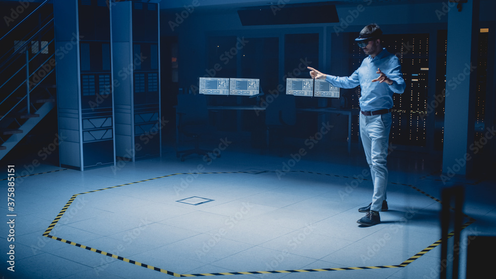 Aufkleber in 3d content creating laboratory engineer wearing professional virtual reality headset works and ge