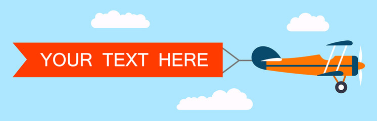 Plane with banner in flat style. Biplane flying with poster. Vector illustration © warmworld