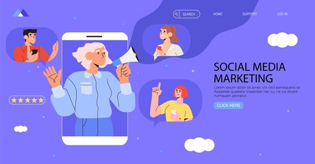 Woman in smartphone shouting in loud speaker. Influencer or social marketing banner, flyer, web page. Social media account promotion, audience or followers growth. People hold mobile phones and chat.