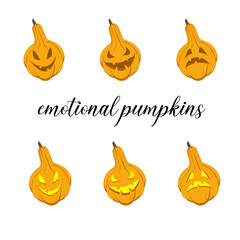 pumpkin jack lantern with different emotions on his face. pumpkins for halloween. vector illustration.