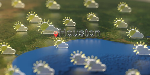 Partly cloudy weather icons near Houston city on the map, weather forecast related 3D rendering