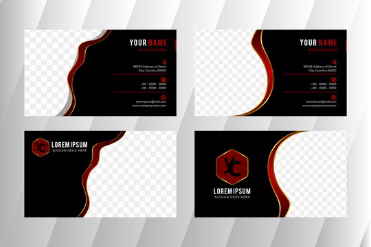 collection of Red and gold modern business card template design. wavy style with black background. Space for photo on the right and left side in horizontal layout